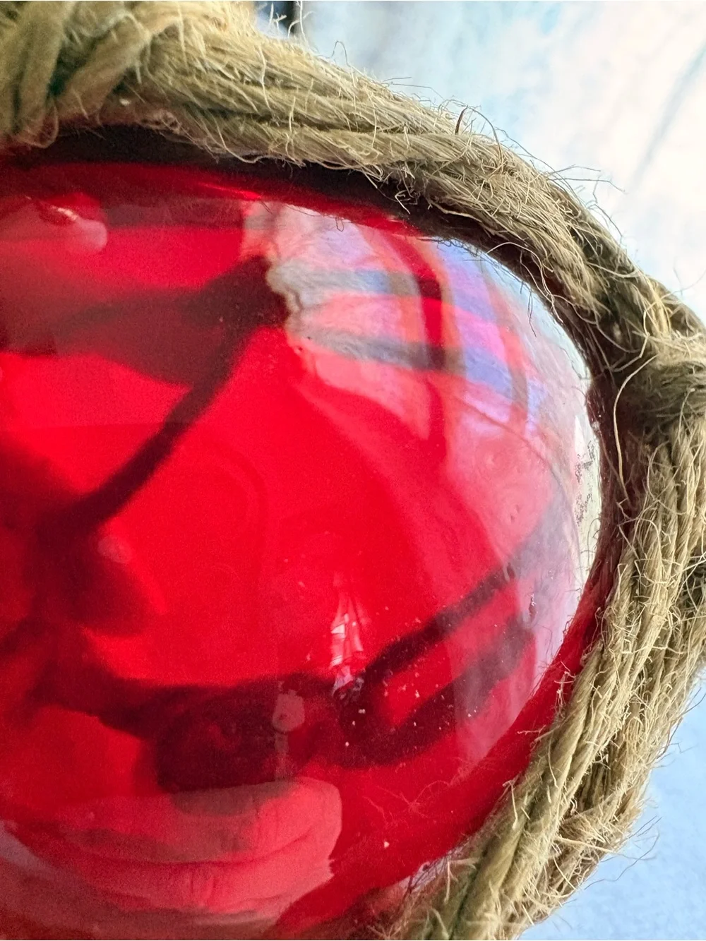Red Blown Glass Float Ball Tiki Fish Float Jute Irregular Shape Bubbles Pontil 1